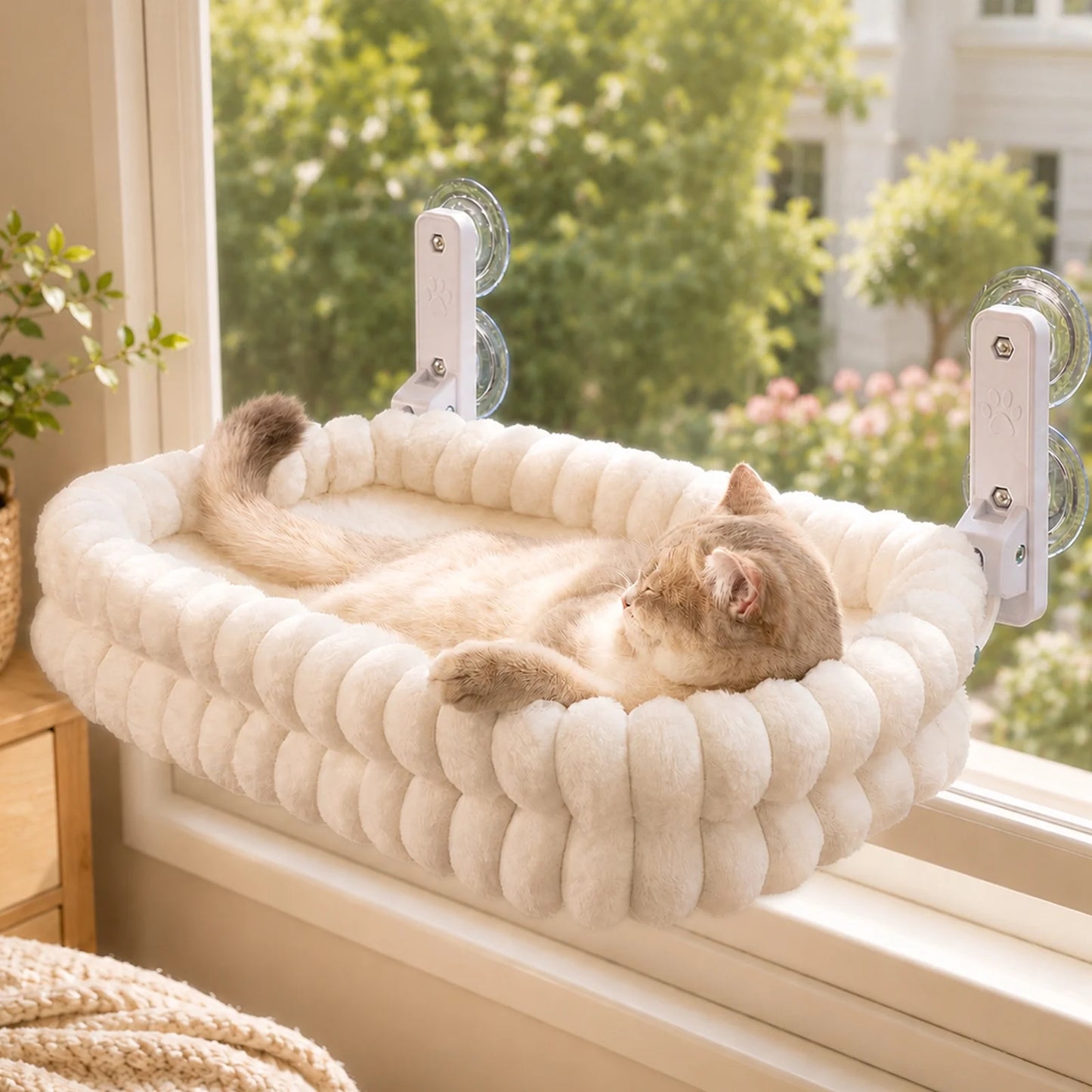 Cat Window Perch, 23*15In Double-Layer Foldable Pet Hammock for Wall with Suckers for Indoor(Medium,White)